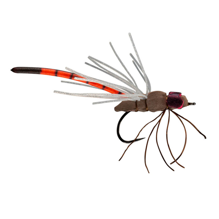 Fishing fly with red and white details on a white background