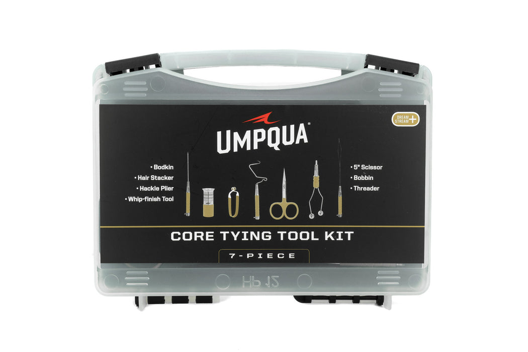 Umpqua Dream Stream Plus 7-piece fly tying kit – premium tool set featuring high-quality scissors, bobbin, whip finisher, bodkin, hackle pliers, and dubbing tools in a zip case.