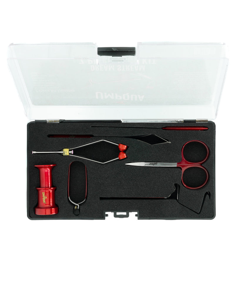 Umpqua Dream Stream 7-piece fly tying tool set – complete kit including scissors, bobbin, bodkin, whip finisher, hackle pliers, and more in a convenient carrying case.