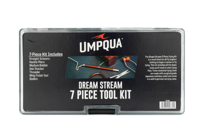Umpqua Dream Stream 7-piece fly tying tool set – complete kit including scissors, bobbin, bodkin, whip finisher, hackle pliers, and more in a convenient carrying case.
