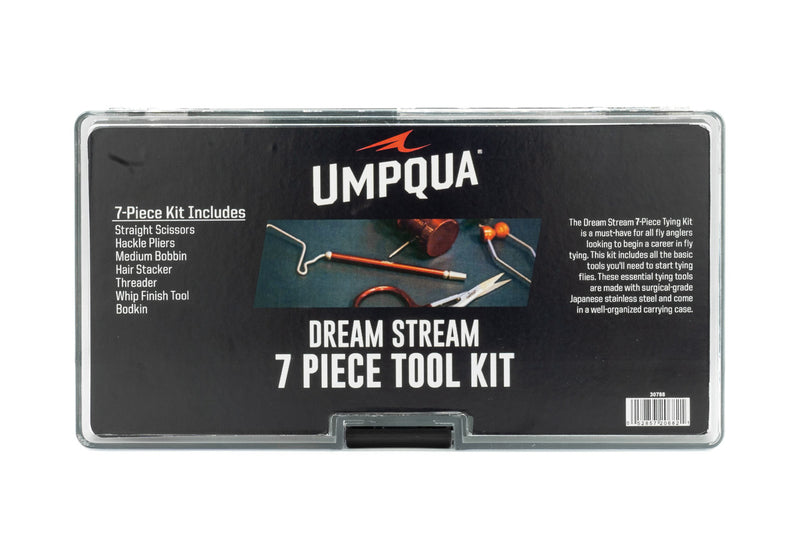 Umpqua Dream Stream 7-piece fly tying tool set – complete kit including scissors, bobbin, bodkin, whip finisher, hackle pliers, and more in a convenient carrying case.