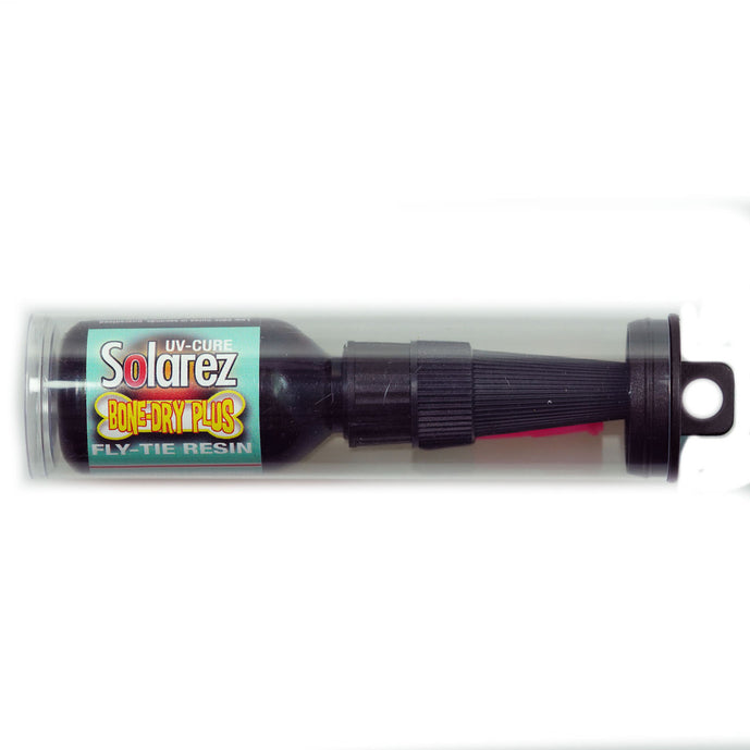 Solarez Bone Dry Plus UV Resin (0.5oz) – enhanced UV-curing resin for fly tying, with added durability and tack-free finish for building clear heads and bodies.