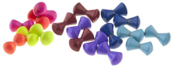 Assorted Aqua Flies Intruder Eyes – 4mm hourglass-style dumbbell eyes in a variety of fluorescent and natural colors for tying intruders and streamer patterns.
