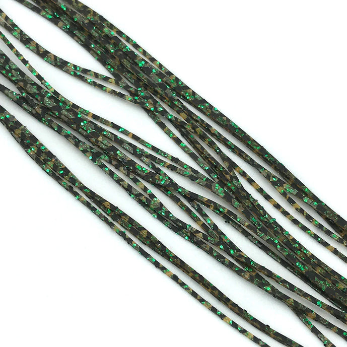 Barred Crazy Legs in Olive/Green by Hareline – lifelike olive silicone legs with bold green barring to enhance crawfish, leech, and insect patterns.
