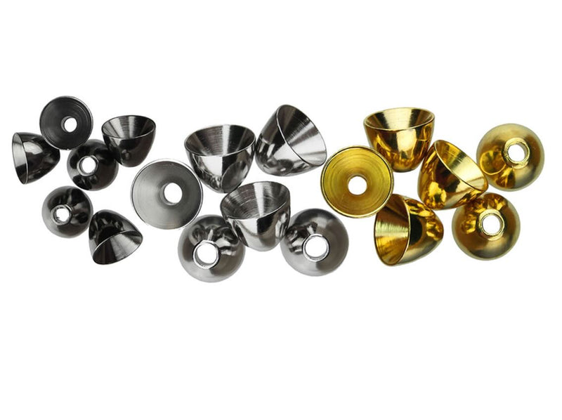 Brass Cone Heads by Hareline – tapered metal fly tying cones available in multiple finishes and sizes, designed to add weight and a clean, finished look to streamers and baitfish flies.