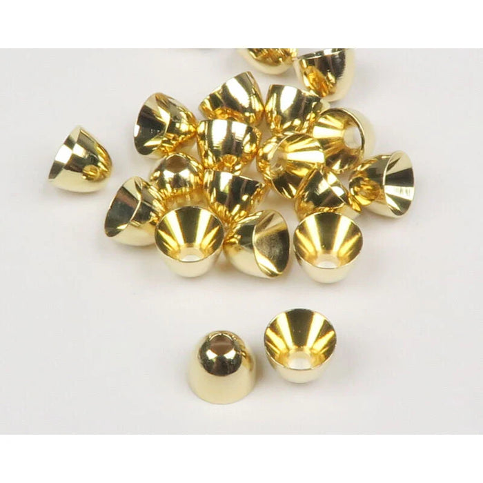 Brass Cone Heads in gold – classic shiny finish that adds visibility and flash to attract fish in murky or fast-moving water.