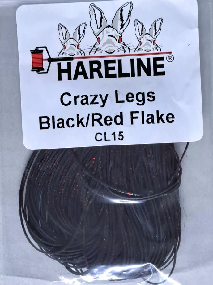 Crazy Legs in Black/Red Flake by Hareline—silicone fly tying legs with bold contrast and embedded red flake for maximum movement and visibility in stained water.