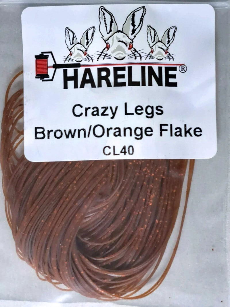 Crazy Legs in Brown/Orange by Hareline—two-tone silicone legs that mimic natural prey colors, excellent for crayfish, stoneflies, and sculpin patterns.