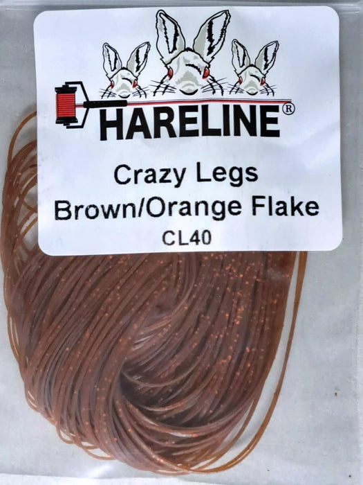 Crazy Legs in Brown/Orange by Hareline—two-tone silicone legs that mimic natural prey colors, excellent for crayfish, stoneflies, and sculpin patterns.