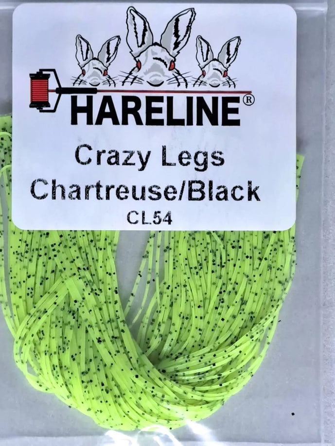 Crazy Legs in Chartreuse/Black by Hareline—strike-inducing silicone legs that combine fluorescent chartreuse with bold black striping for ultimate fish-attracting action.