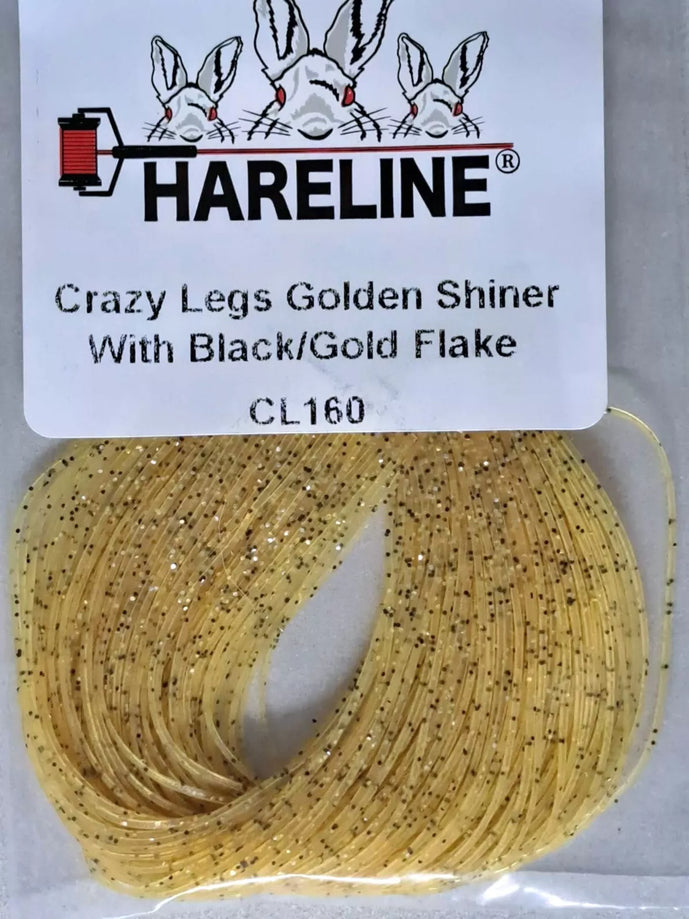 Crazy Legs in Gold Shiner/Black by Hareline—two-tone silicone legs with a gold shimmer and black contrast, ideal for baitfish imitations and predatory fly patterns.