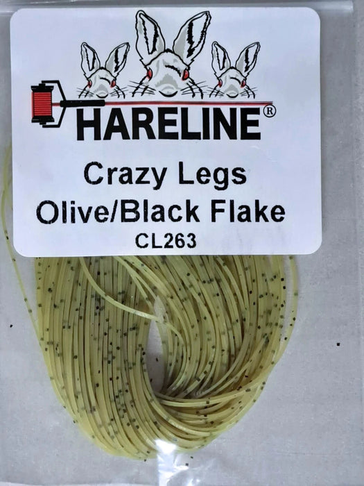 Crazy Legs in Olive/Black by Hareline—earthy two-tone silicone legs that enhance buggy nymphs, leeches, and crawfish patterns with lifelike action.