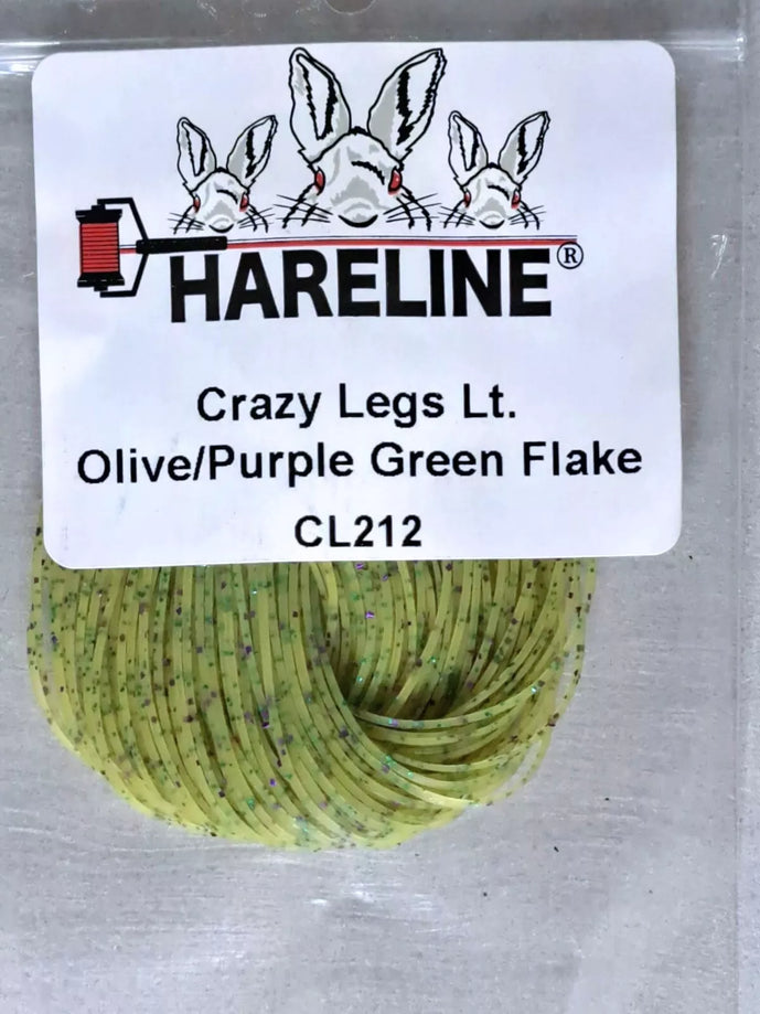 Crazy Legs in Light Olive/Purple by Hareline—silicone fly tying legs that pair subtle olive with rich purple for added depth and natural movement in streamer patterns.