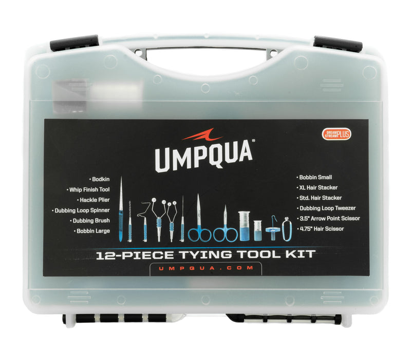 Umpqua Dream Stream Plus Master Tying Tool Kit – 12-piece fly tying tool set with premium scissors, bobbin, whip finisher, dubbing tools, hackle pliers, bodkin, and more in a zippered case.