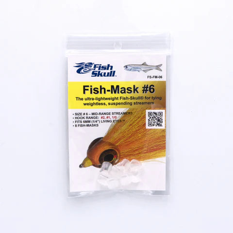 Fish-Skull Fish-Mask by Hareline in clear, size #6 – lightweight, transparent head designed to create a baitfish profile and securely seat 3D eyes on streamers.