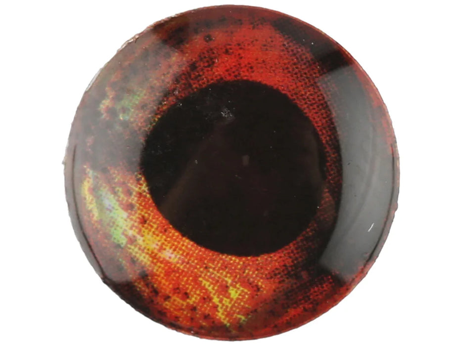 Fish-Skull Living Eyes in Fire – vibrant red and orange 3D fly tying eyes that mimic predator fish features with intense color.