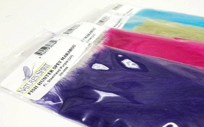Fish Hunter Blood Quill Spey Marabou by Nature’s Spirit – long-fiber marabou feathers in assorted fluorescent colors for steelhead, salmon, and intruder-style flies.