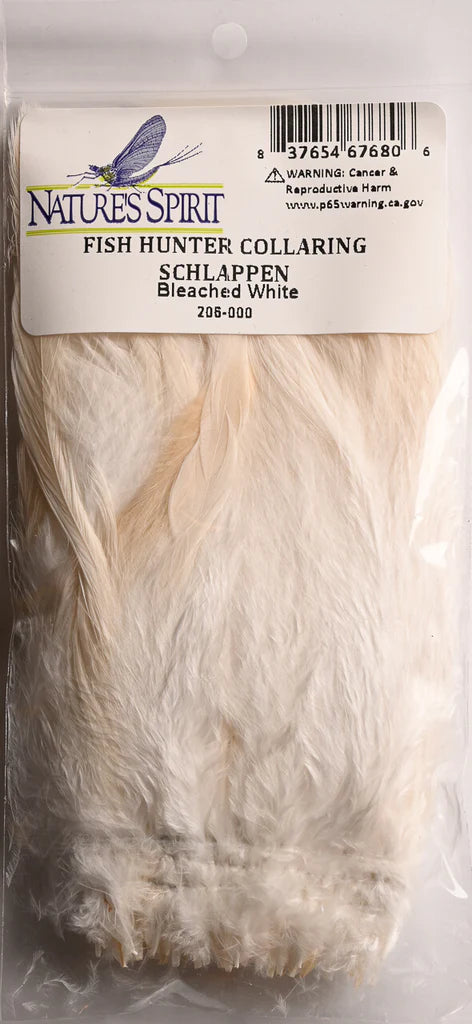 Bleached white Fish Hunter Collaring Schlappen – soft, flowing feathers perfect for collars on baitfish patterns, saltwater flies, and high-contrast streamers.