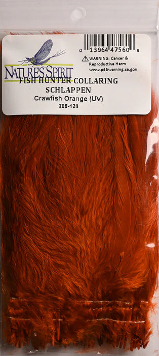 Crawfish orange UV Fish Hunter Collaring Schlappen – earthy fluorescent feathers ideal for crayfish, warmwater flies, and riverine streamers.