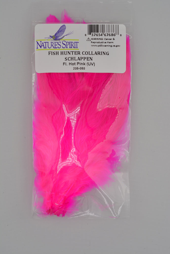 Fluorescent hot pink UV Fish Hunter Collaring Schlappen – glowing pink feathers for steelhead and salmon flies that pop in any water.