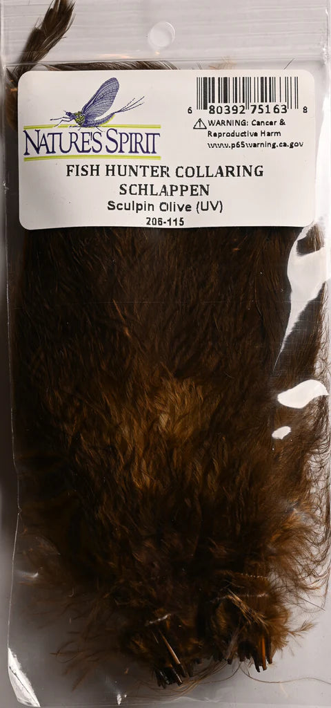 Sculpin olive Fish Hunter Collaring Schlappen – dark olive feathers perfect for sculpin streamers, baitfish, and natural trout flies.