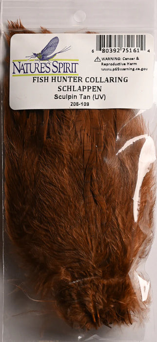 Sculpin tan UV Fish Hunter Collaring Schlappen – muted brown-tan feathers with UV pop for sculpins, crayfish, and bottom-hugging streamer patterns.