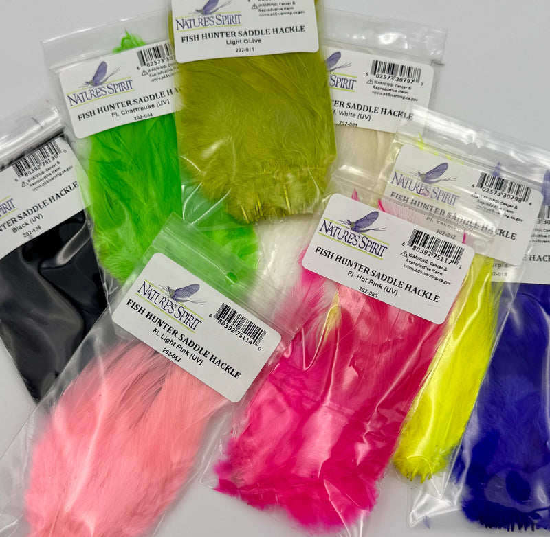 Fish Hunter Saddle Hackle by Nature’s Spirit – soft, webby feathers in assorted dyed colors for streamers, steelhead, and salmon fly patterns.