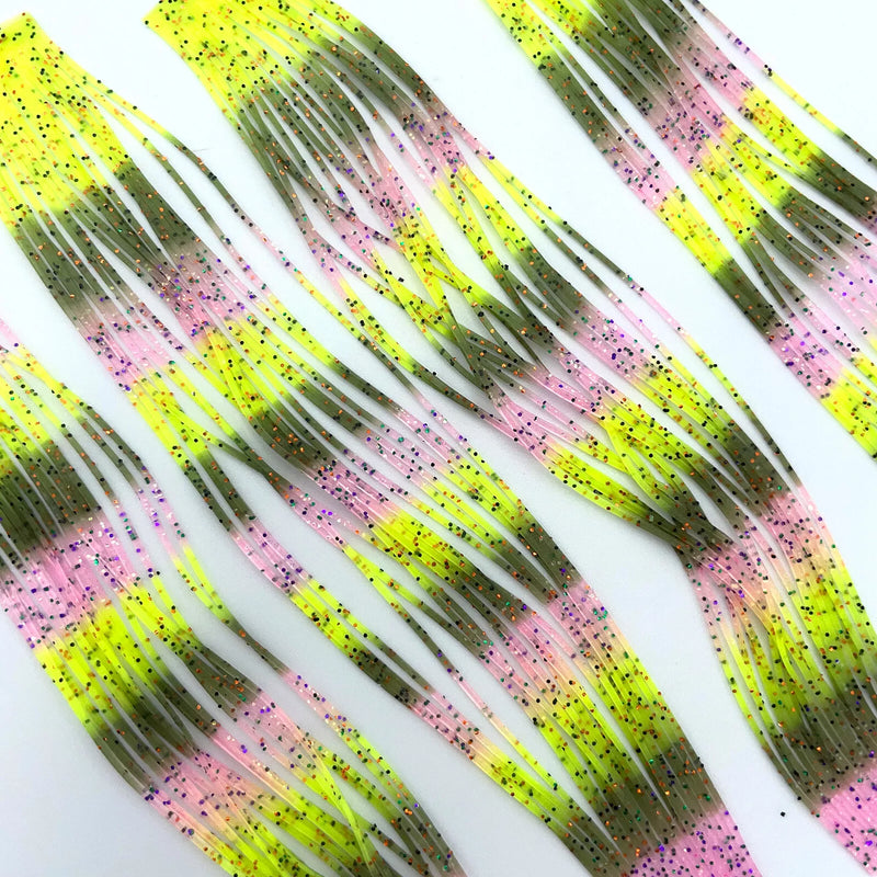 Pink Olive Fluorescent Yellow Fly Enhancer Legs by Hareline add high-contrast color and dynamic motion to bass flies, attractor nymphs, and streamers—ideal for visibility in stained or fast-moving water.