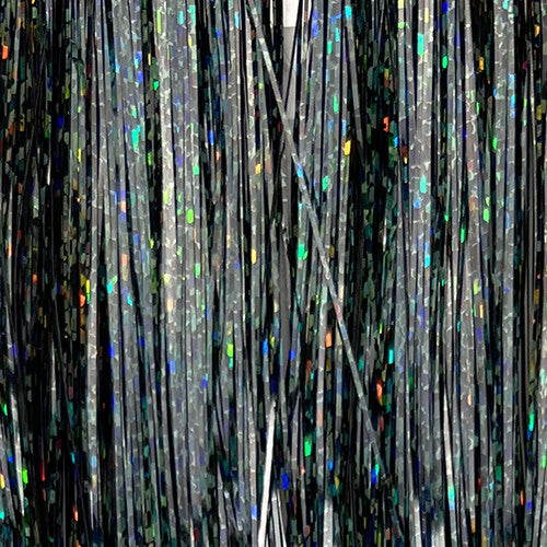 Black Holographic Flashabou – subtle flash with holographic highlights for low-light or silhouette-rich fly patterns.
