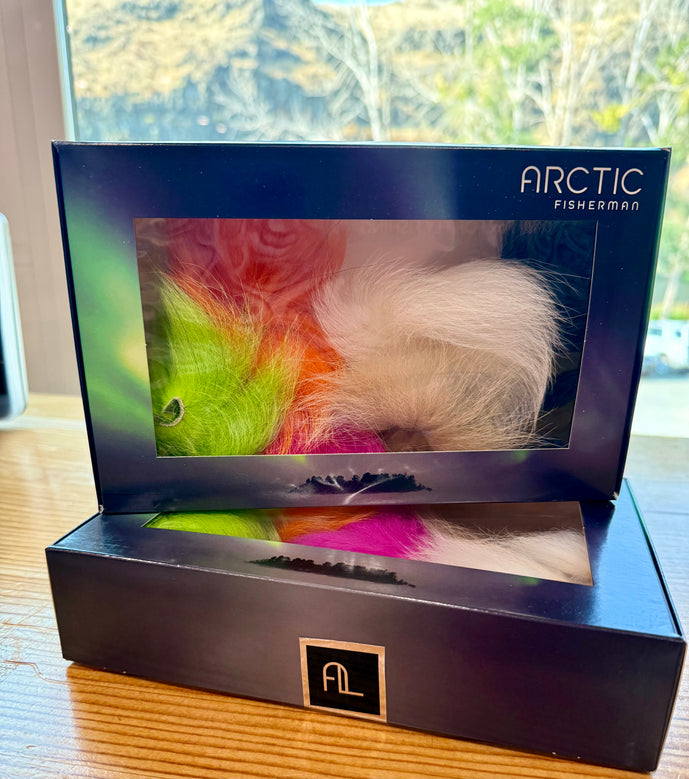 Arctic Fisherman Blue Fox Variety Pack with six colors of natural fly-tying fur for steelhead, salmon, and streamer patterns.