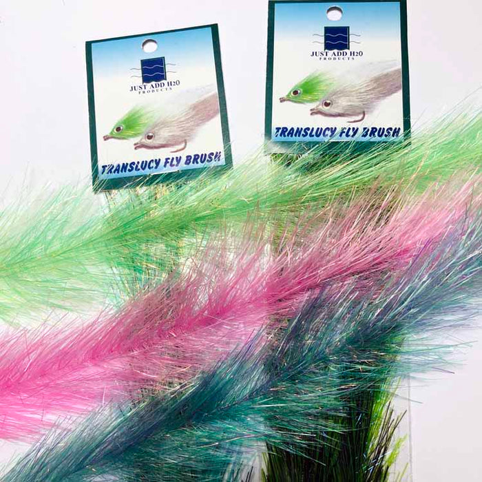 Just Add H2O Translucy Fly Brush – translucent synthetic dubbing brushes for sculpting baitfish, streamers, and saltwater fly patterns.