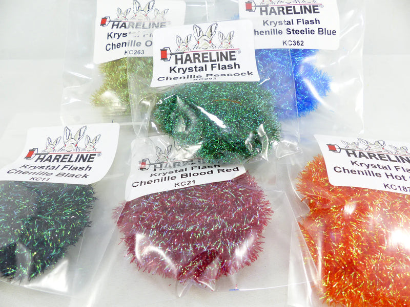 Krystal Flash Chenille by Hareline – bright, flashy chenille ideal for streamer bodies and attractor patterns, offering easy handling and bold visual appeal.