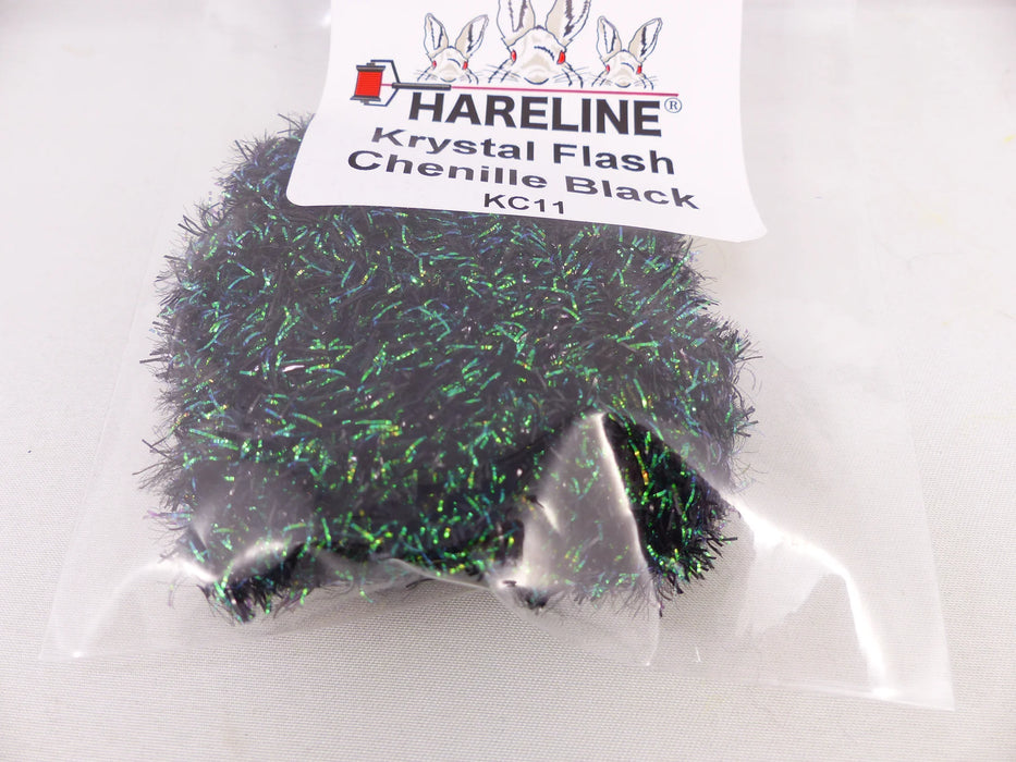 Krystal Flash Chenille in black – a bold, high-contrast material for streamers and dark water conditions.