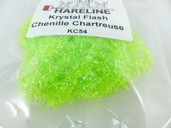 Krystal Flash Chenille in chartreuse – electric green color with high visibility and flash, ideal for stained water or aggressive takes.