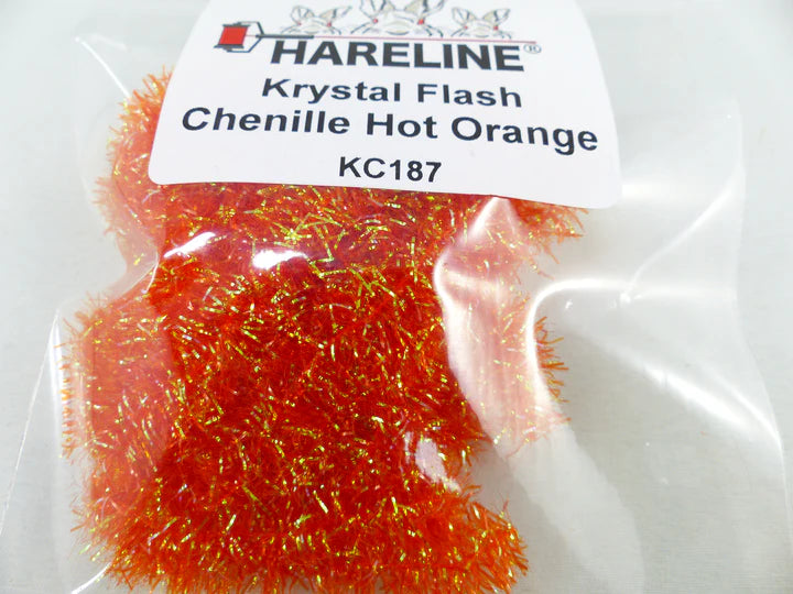 Krystal Flash Chenille in hot orange – bright and punchy material perfect for trigger points on streamers and salmon flies.