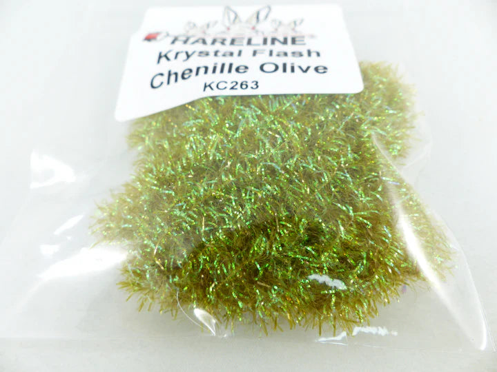 Krystal Flash Chenille in olive – earthy, natural green tone with shimmer, great for leeches and sculpin patterns.