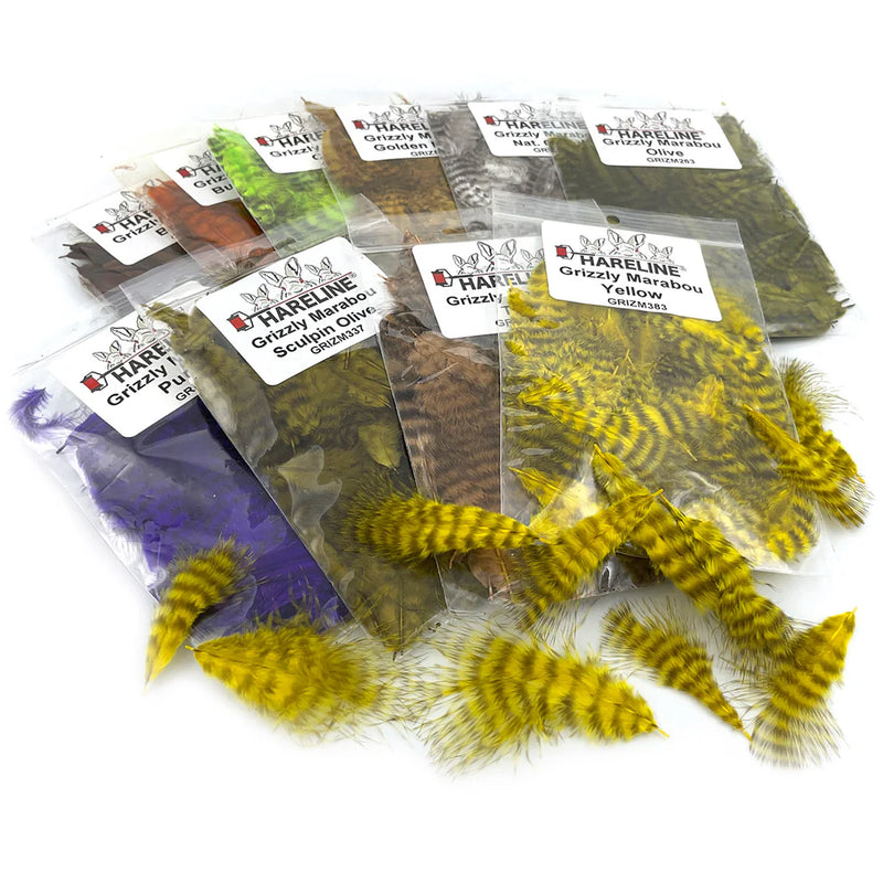 Natural Grizzly Mini Marabou by Hareline – fine, barred marabou feathers that add lifelike movement and contrast to streamers, nymphs, and soft hackle flies.
