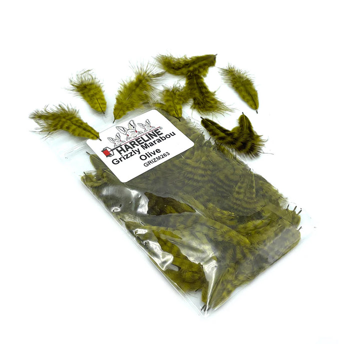 Natural Grizzly Mini Marabou in olive – soft, barred feathers ideal for adding lifelike motion and earthy tones to trout and bass patterns.
