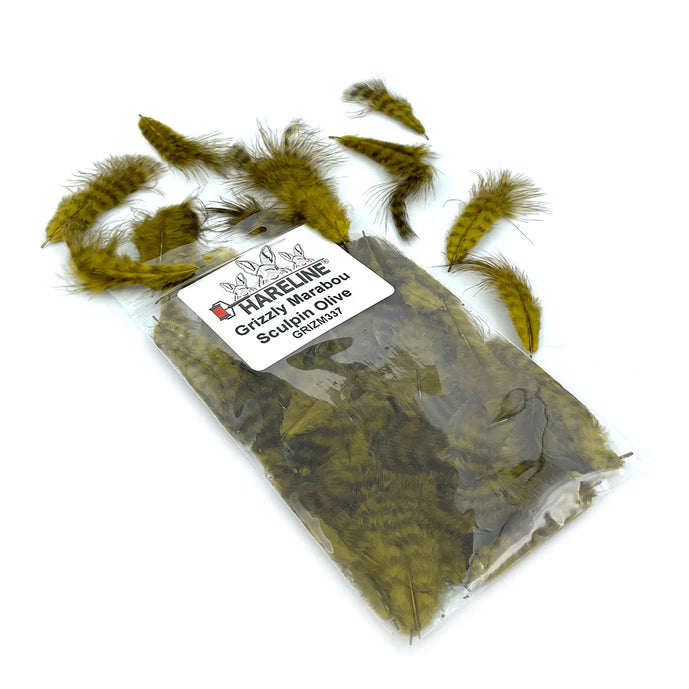 Natural Grizzly Mini Marabou in sculpin olive – mottled green-brown hackle that mimics sculpin and other bottom-dwelling prey.
