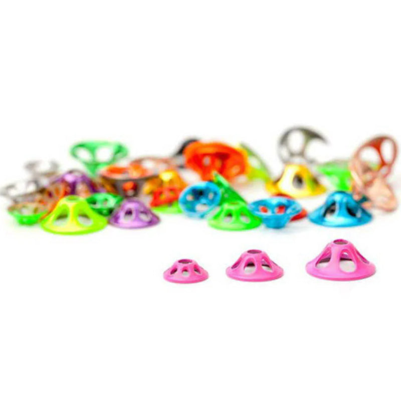 Pro Sportfisher Ultra Sonic Discs in large 11mm size displayed in multiple vibrant metallic finishes—lightweight, aerodynamic cones designed to push water and stabilize tube flies.
