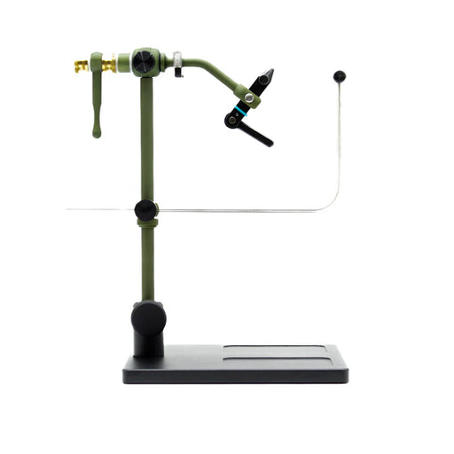 Renzetti Traveler 2400 Series fly tying vise with standard pedestal base – anodized green true rotary vise offering portability, durability, and precise hook holding for versatile fly tying.