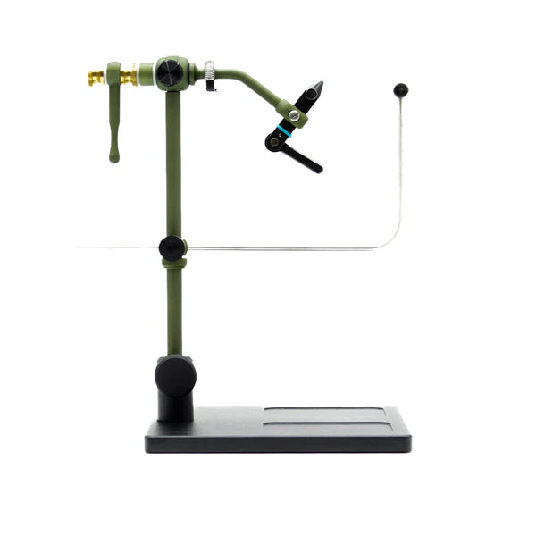 Renzetti Traveler 2400 Series fly tying vise with standard pedestal base – anodized green true rotary vise offering portability, durability, and precise hook holding for versatile fly tying.