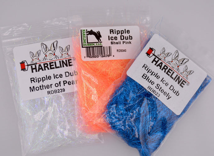 Hareline Ripple Ice Dub – a premium synthetic dubbing with bold, reflective flash and soft texture, perfect for adding shimmer and lifelike movement to streamers, nymphs, and steelhead patterns.