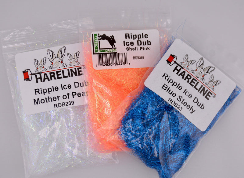 Hareline Ripple Ice Dub – a premium synthetic dubbing with bold, reflective flash and soft texture, perfect for adding shimmer and lifelike movement to streamers, nymphs, and steelhead patterns.
