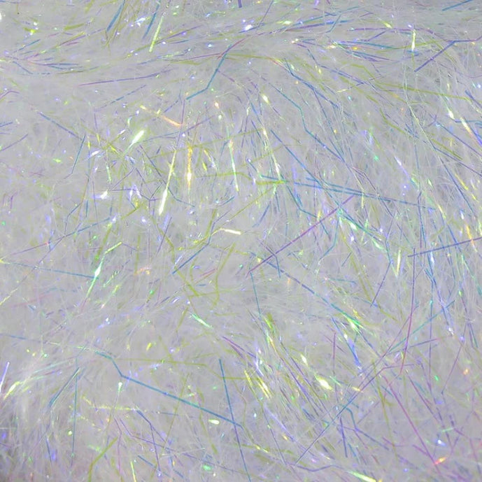 Hareline Ripple Ice Dub in Mother of Pearl – luminous white dubbing with multi-color reflection, perfect for emergers, dry fly wings, and scud bodies.