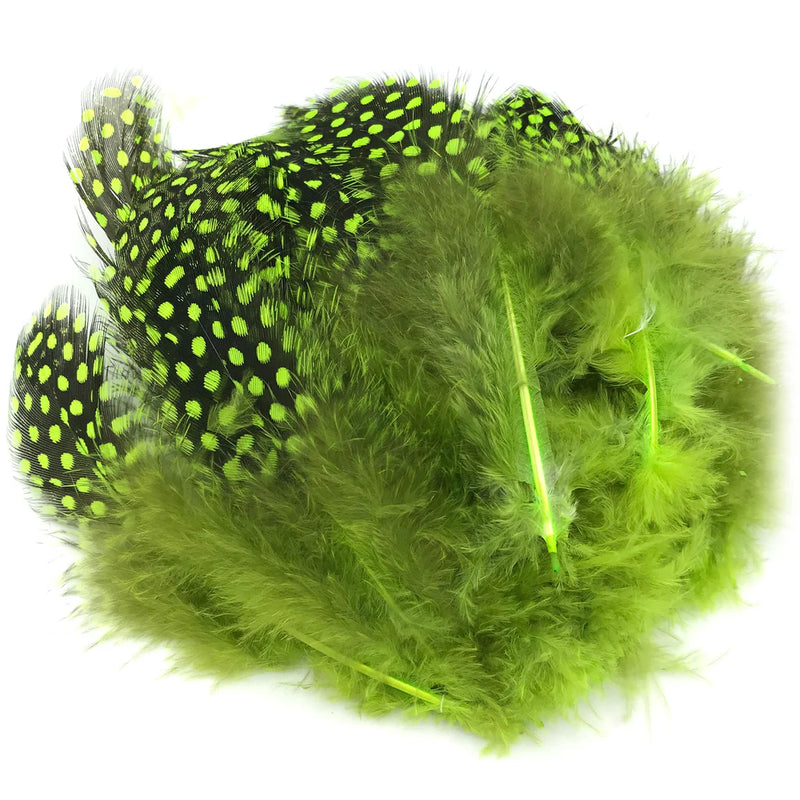 Hareline Strung Guinea Feather in Chartreuse – high-visibility chartreuse feather with black speckles for eye-catching fly presentations.