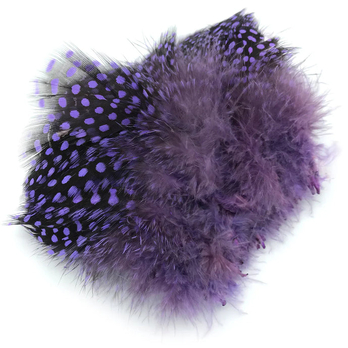 Hareline Strung Guinea Feather in Lavender – soft purple feather with natural speckled pattern, perfect for subtle, elegant accents on steelhead, trout, and wet fly patterns.