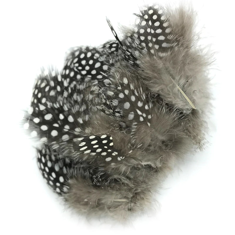 Hareline Strung Guinea Feather in Natural – undyed guinea feather with high-contrast black and white speckles for traditional fly patterns.