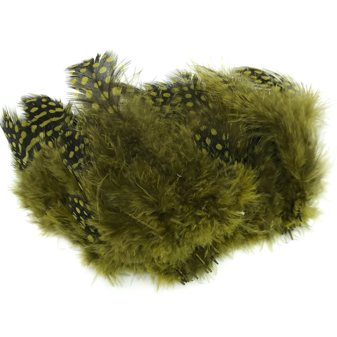 Hareline Strung Guinea Feather in Olive – muted green feather with dark speckles, perfect for naturalistic trout and steelhead flies.