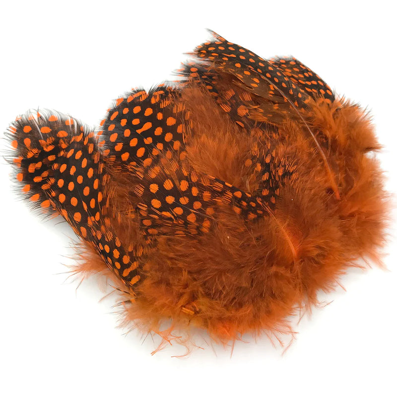 Hareline Strung Guinea Feather in Orange – bold orange feather with spotted markings, great for salmon and steelhead streamers.